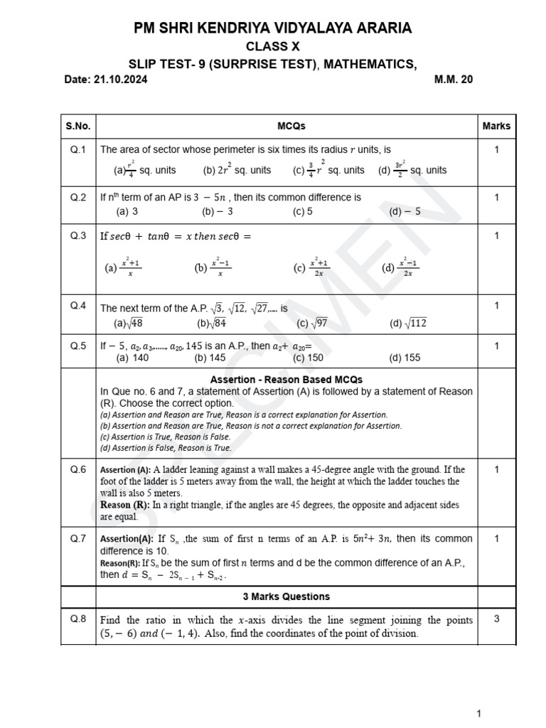 Class X Mathematics Surprise Test | PDF | Geometric Shapes | Mathematics