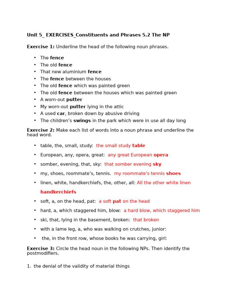 Noun Phrase Exercises and Analysis | PDF | Clause | Syntax