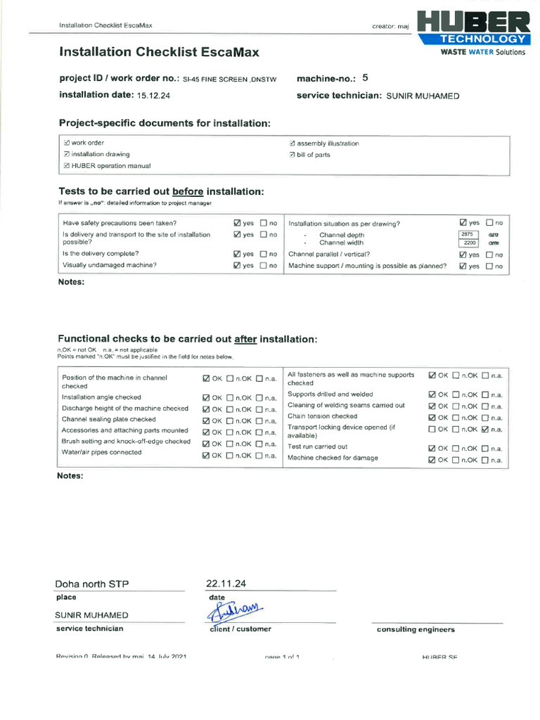 Installation Checklist Fine Screen 05 | PDF