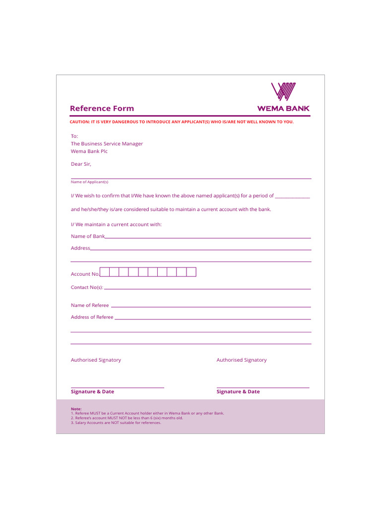 Wema Bank Reference Form Instructions | PDF