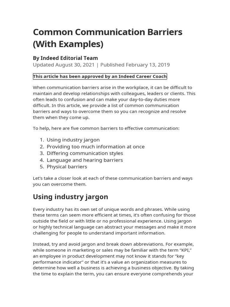 Common Workplace Communication Barriers | PDF | Communication | Jargon