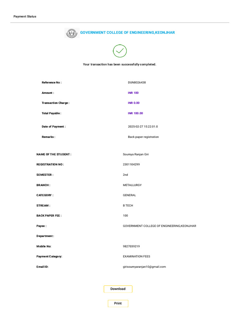 Payment Confirmation for Back Paper Fee | PDF