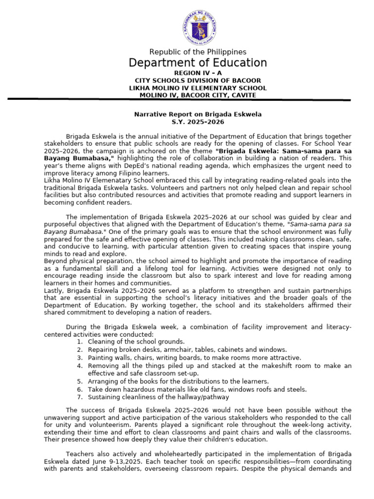 Brigada Eskwela 2025-2026 Report | PDF | Classroom | Literacy