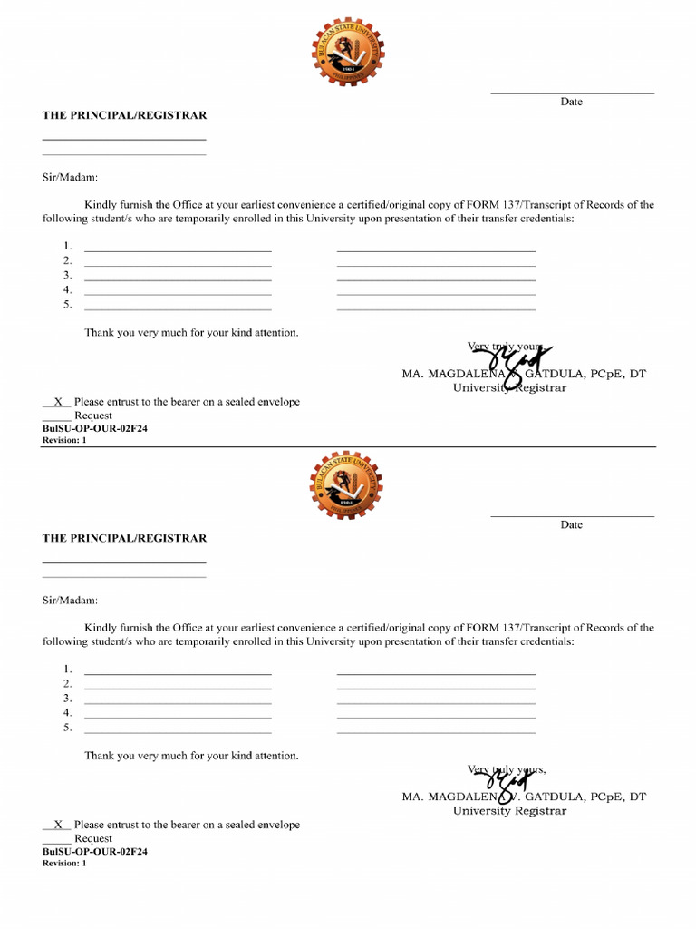 Form 137 and TOR Request Form From Previous School - Signed | PDF