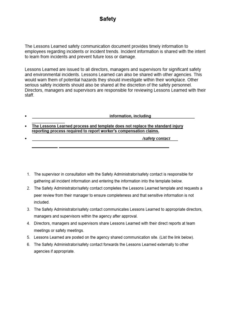 Safety Lessons Learned Template | PDF | Safety