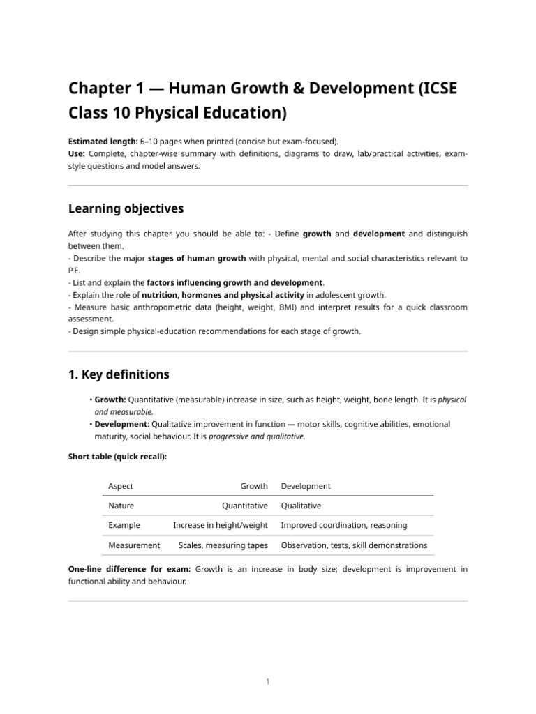Icse Class 10 Pe - Chapter 1 - Human Growth & Development (Detailed ...