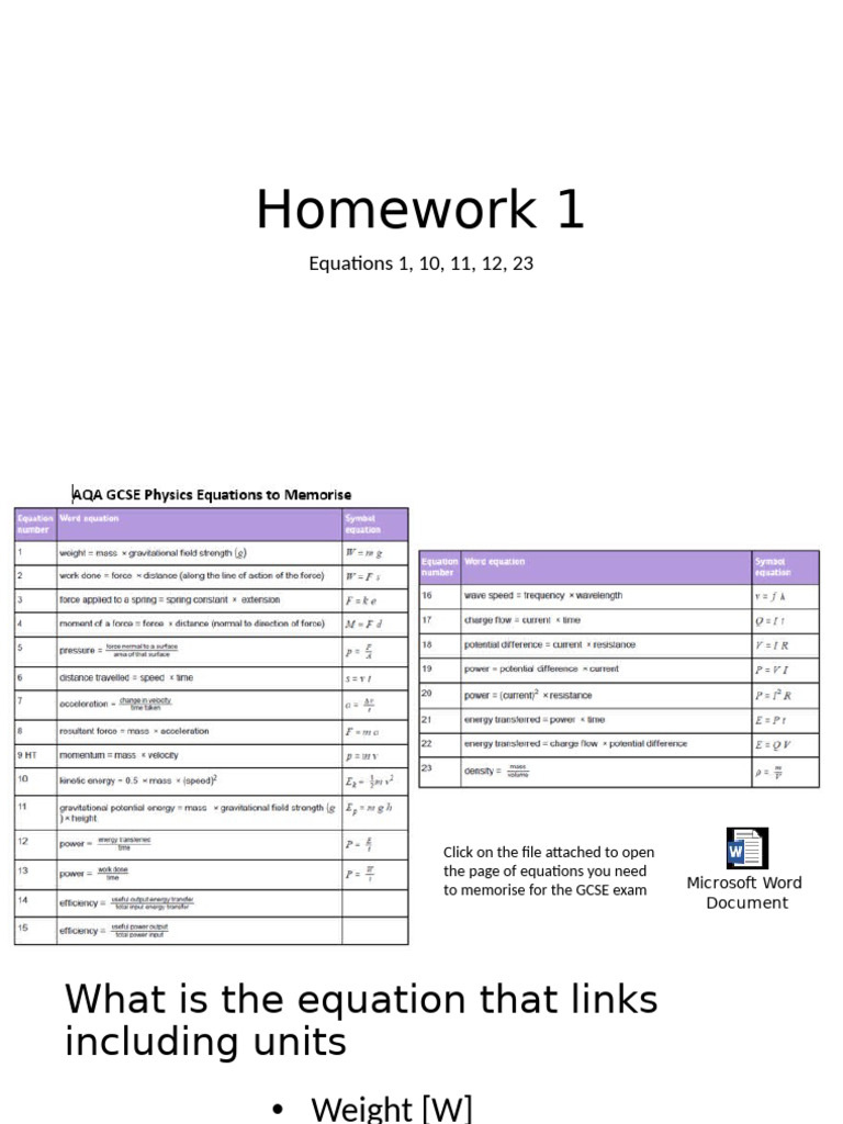 00 AQA Physics Equation Homework 1 | PDF | Mass | Kilogram
