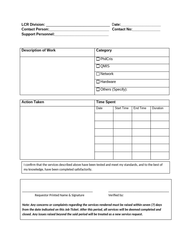 Job Ticket for Service Completion | PDF