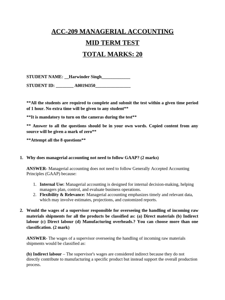 Managerial Accounting Midterm Test Guide | PDF | Cost Of Goods Sold ...