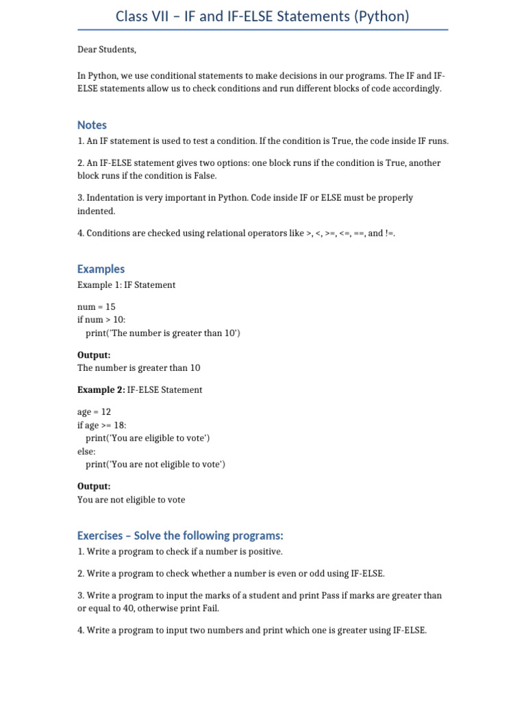 Class VII If IFELSE Notes Examples | PDF