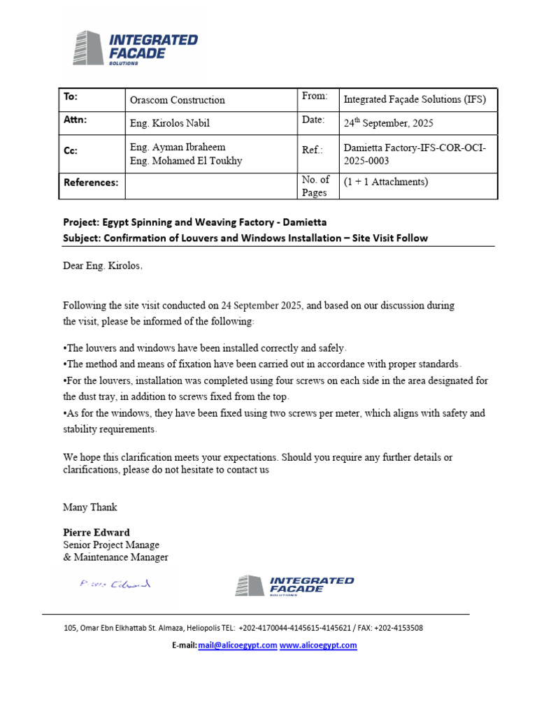 Confirmation of Louvers and Windows Installation - Site Visit Follow | PDF