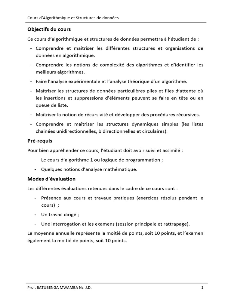 Cours d'Algorithmique et Structures de Données | PDF | Algorithmes ...