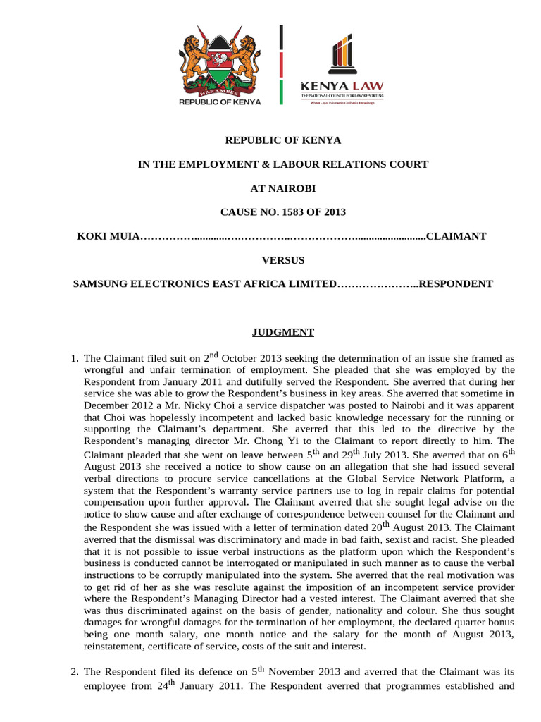Koki Muia vs. Samsung Electronics Case | PDF | Employment | Discrimination
