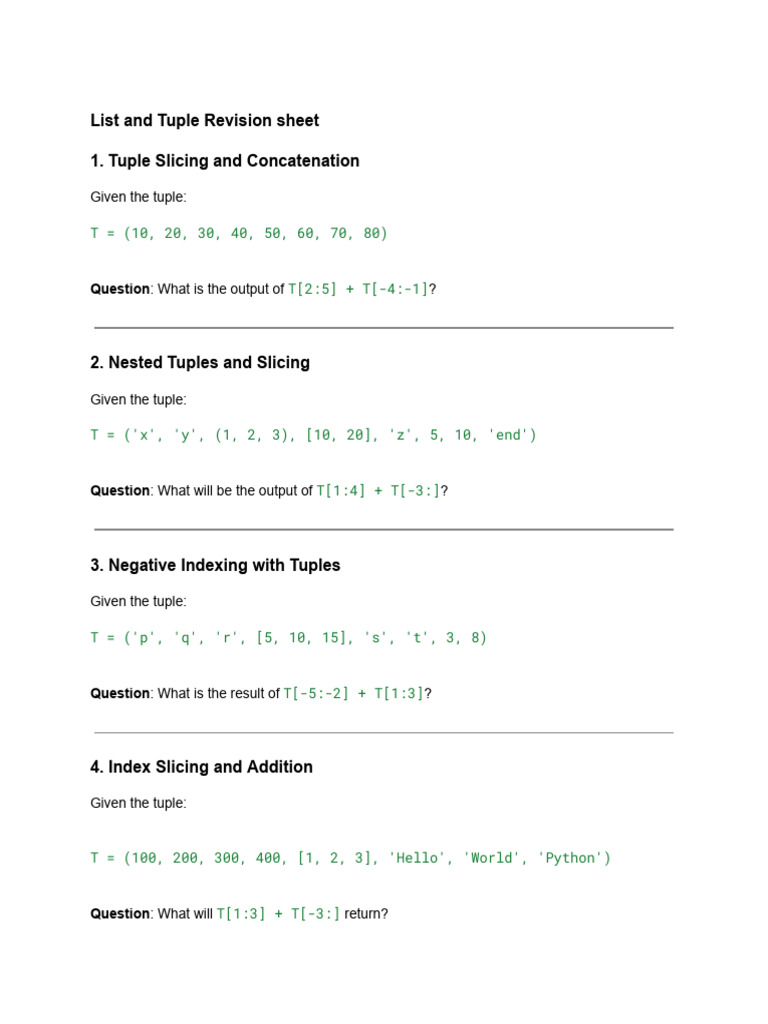Tuple Slicing and Indexing Exercises | PDF | Computer Programming