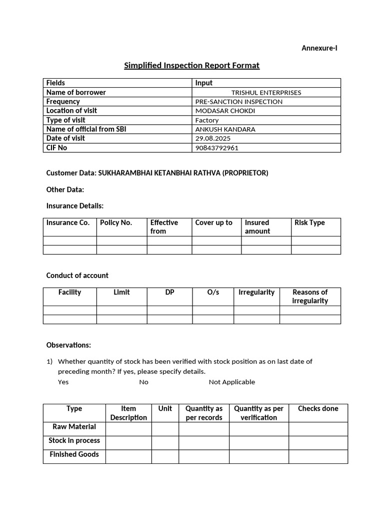 Pre-Sanction Inspection Report Template | PDF | Banks | Stocks