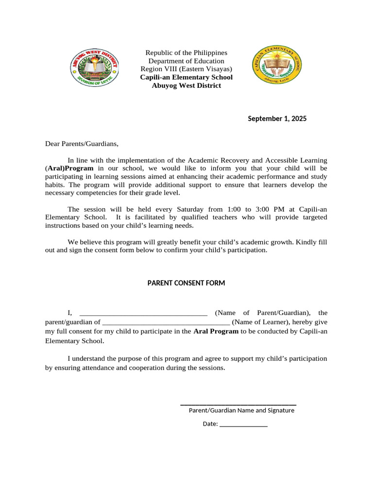 Aral Program Parent Consent Form | PDF