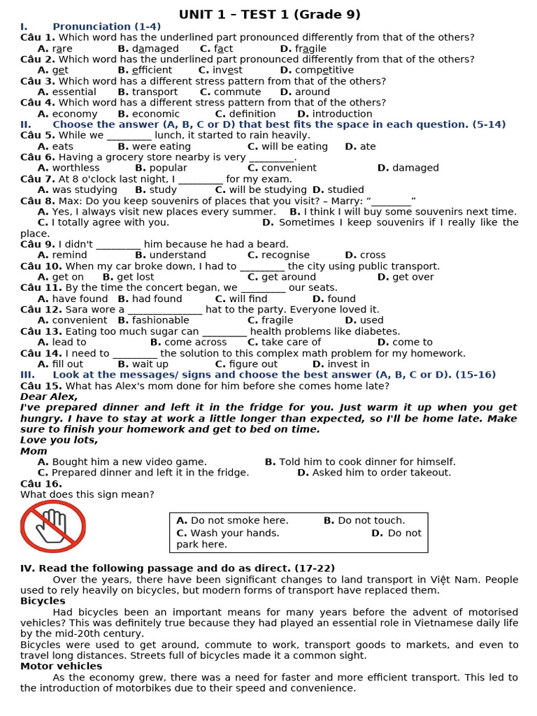 Grade 9 English Test: Pronunciation & Grammar | PDF | Transport | Vehicles