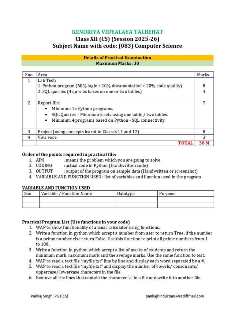 Class XII Computer Science Practical Guide | PDF | Databases | My Sql