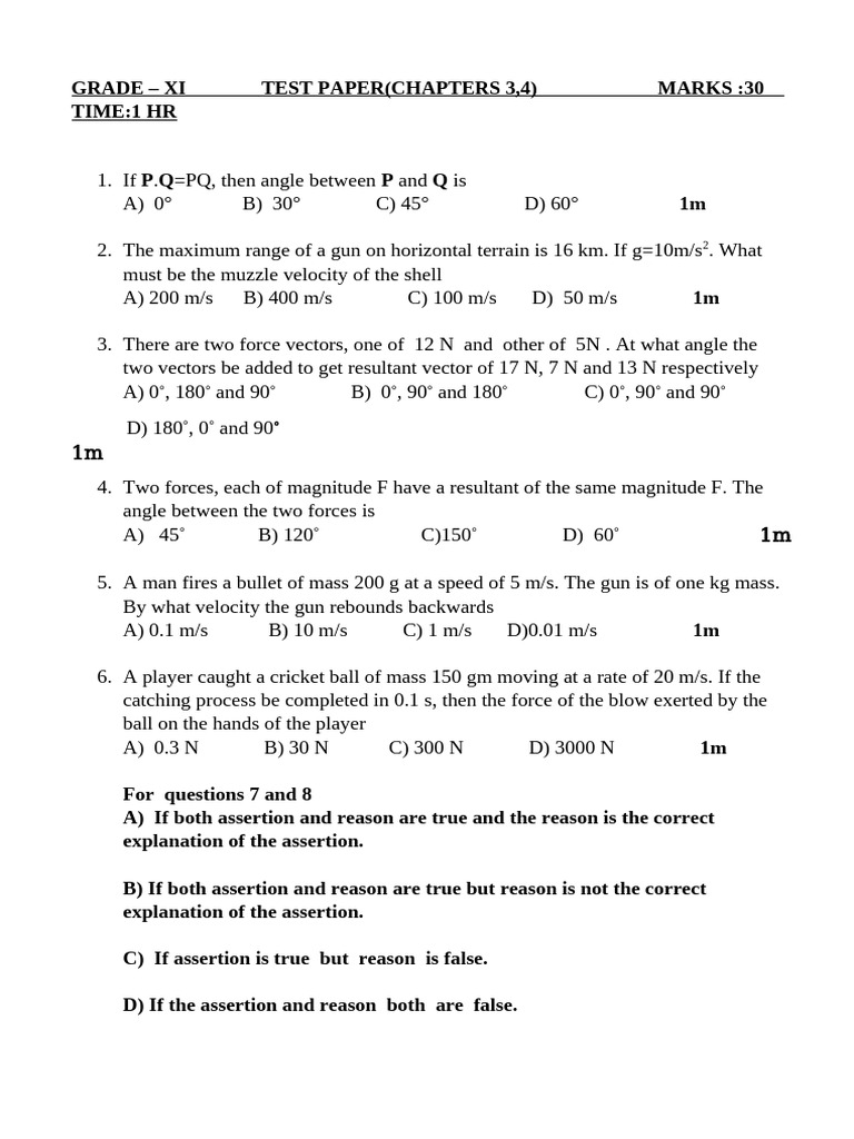 Grade XI Physics Test Paper: Chapters 3 & 4 | PDF | Friction | Force