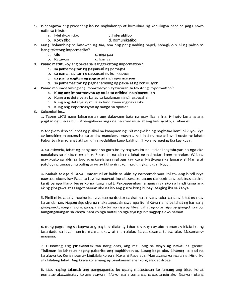 Diagnostic Test Draft - Pagbasa 2023-2024 | PDF