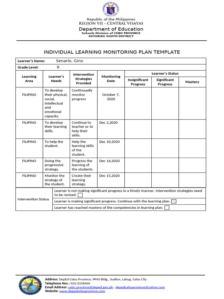 Individual Learning Monitoring Plan Template | PDF