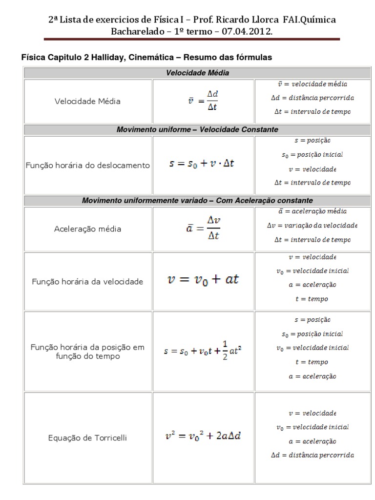 Física Capitulo 2 Halliday - Formulas | PDF | Velocidade | Cinemática, image size:768x1024