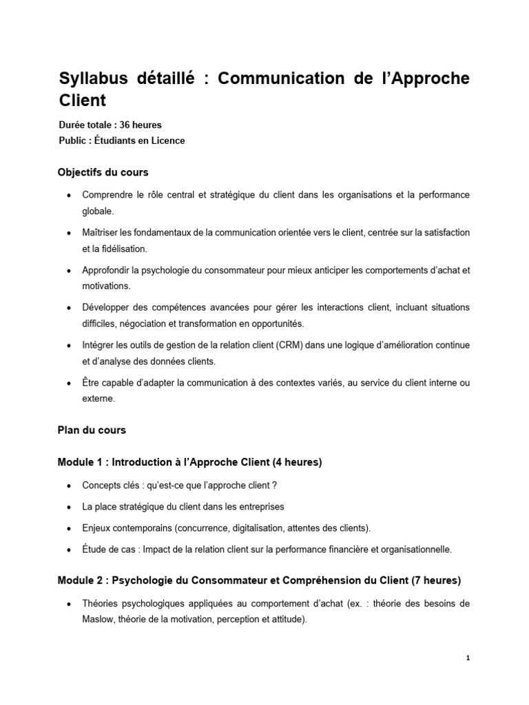 Approche Client : Syllabus et Objectifs | PDF | Gestion de la relation ...