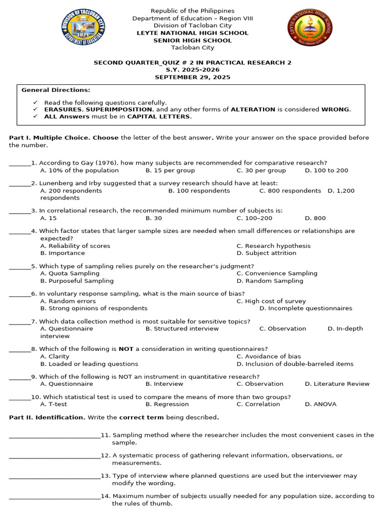 Practical Research 2 Quiz for SHS | PDF | Survey Methodology | Sampling ...