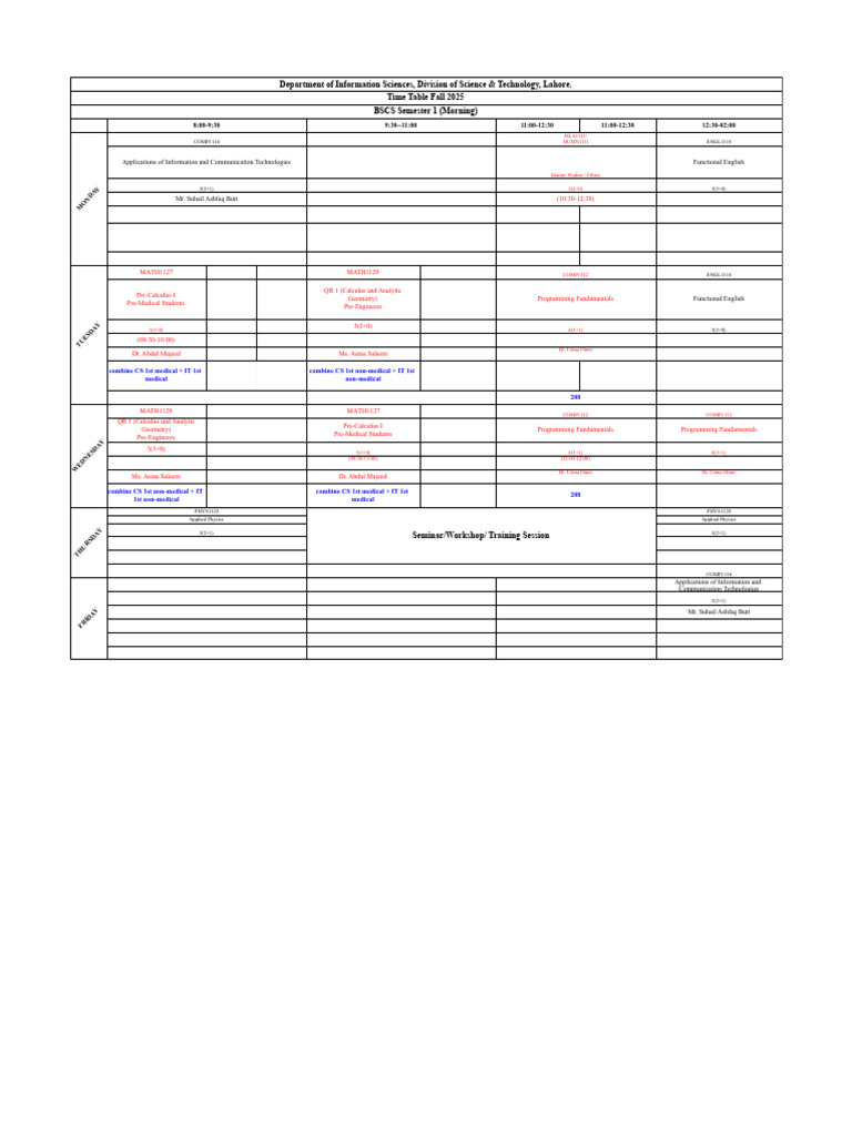 Lahore BSCS & BSIT Fall 2025 Timetable | PDF | Computing | Mathematics