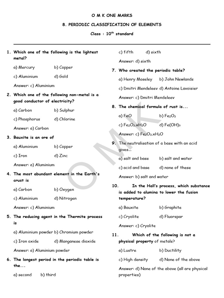 Periodic Classification of Elements MCQ 100 | PDF | Periodic Table | Metals