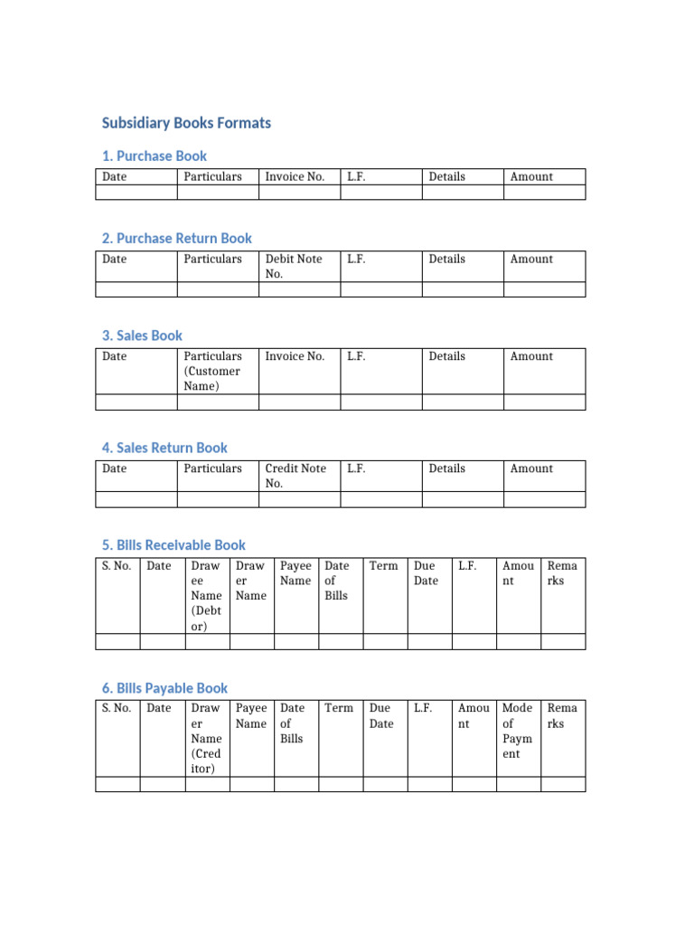 Formats for Subsidiary Books | PDF