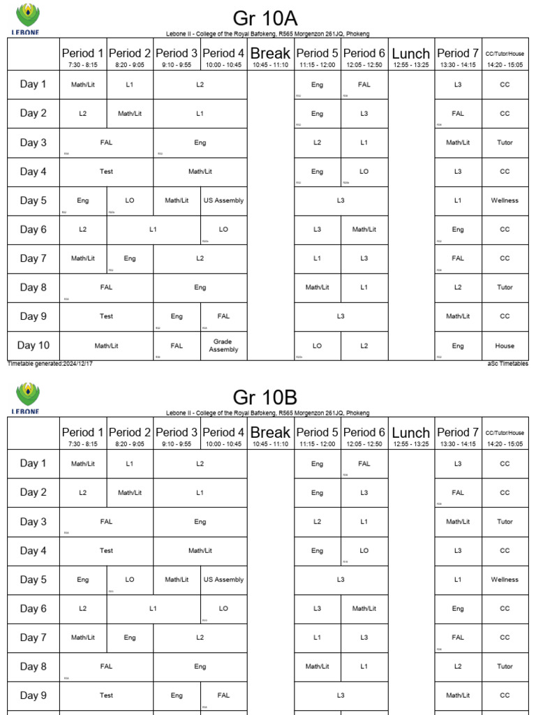 Lebone II College Timetable 2024 | PDF