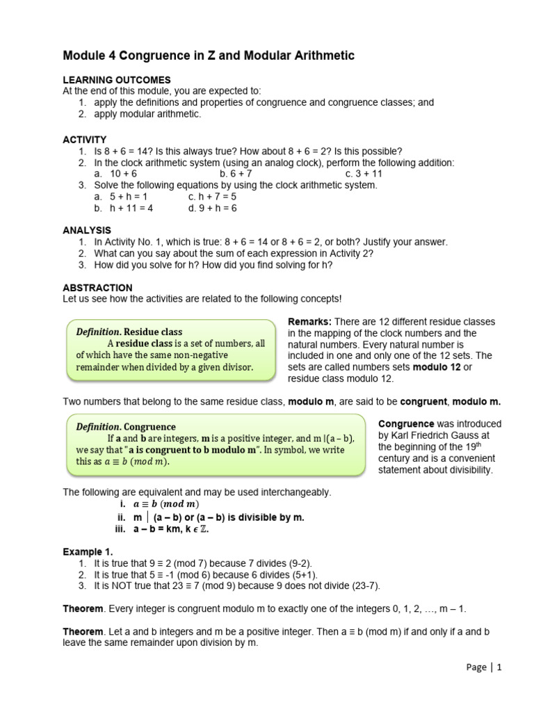 Congruence and Modular Arithmetic Basics | PDF | Discrete Mathematics ...