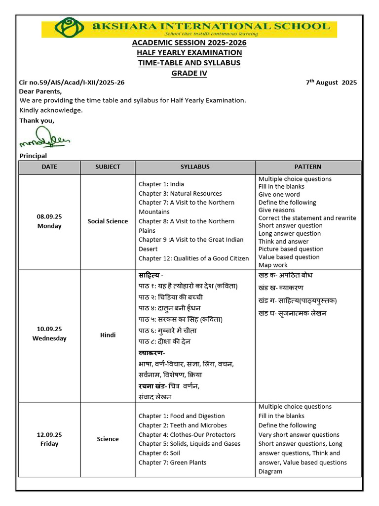 Grade IV Half Yearly Exam Timetable 2025 | PDF | Pronoun | Grammar