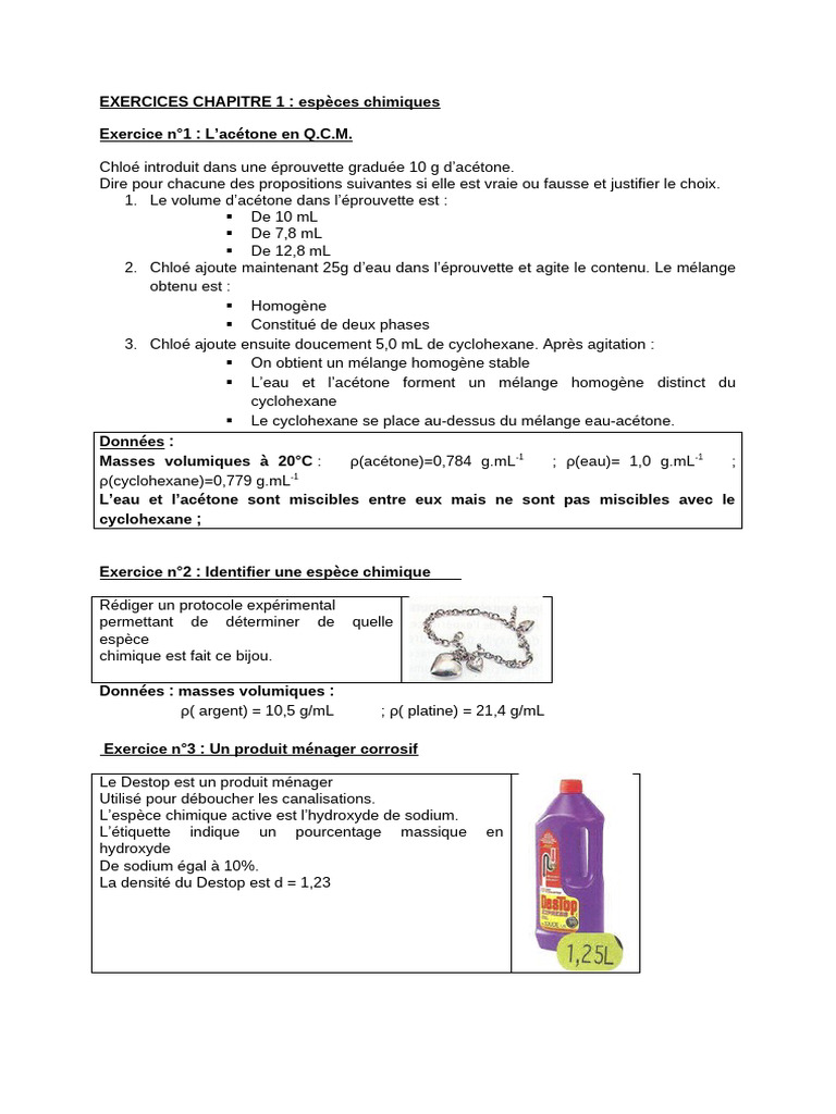 Exercices sur les espèces chimiques et mélanges | PDF