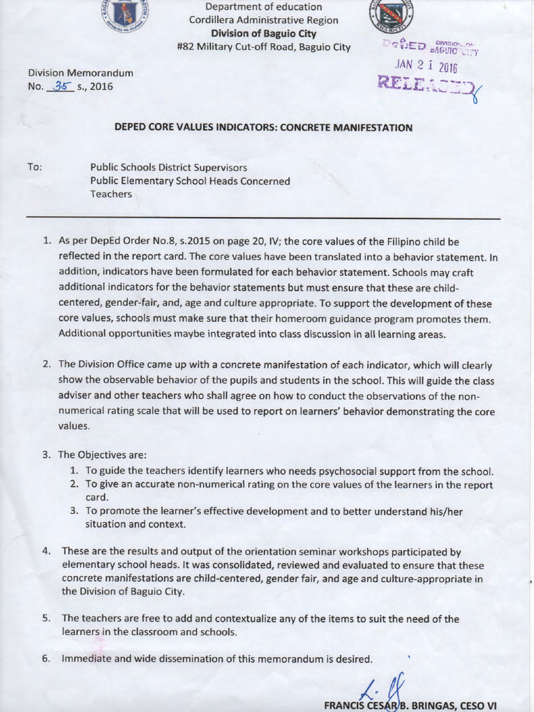Deped Core Values Indicators | PDF
