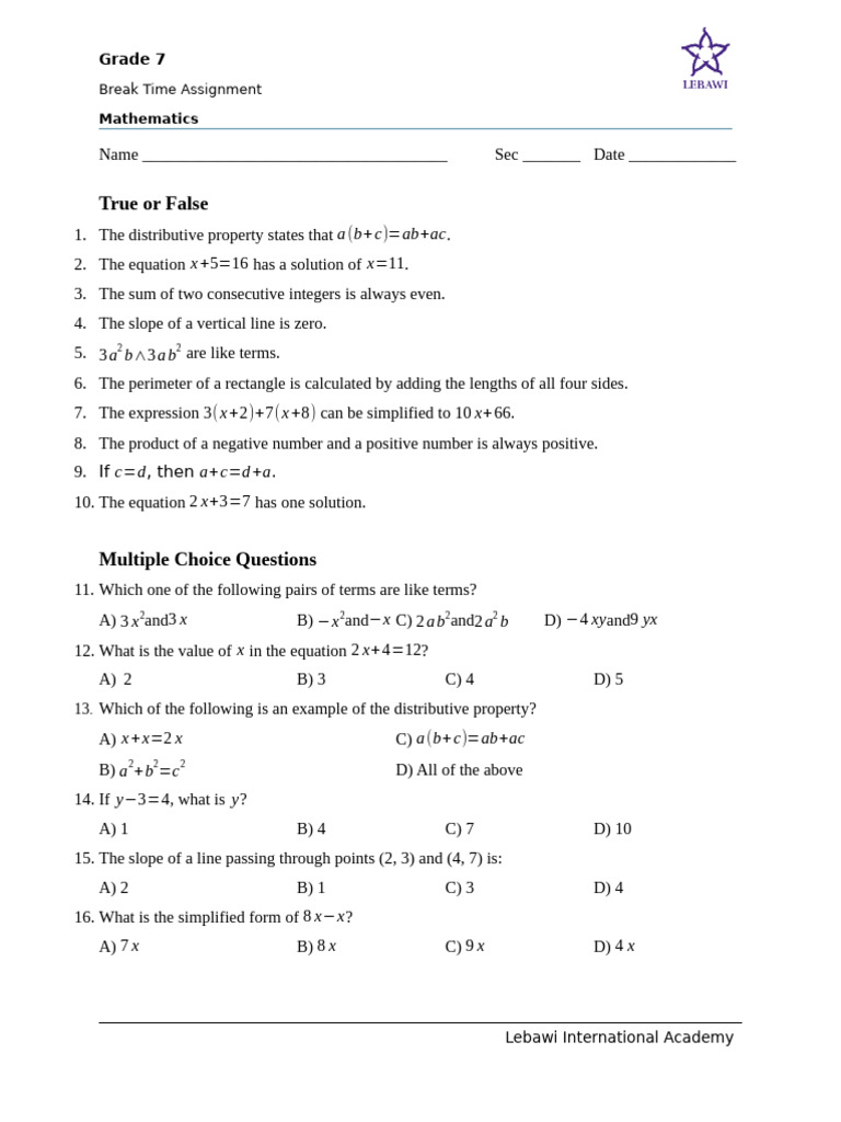 Grade 7 Mathematics Break Time Assignment | PDF | Numbers | Equations