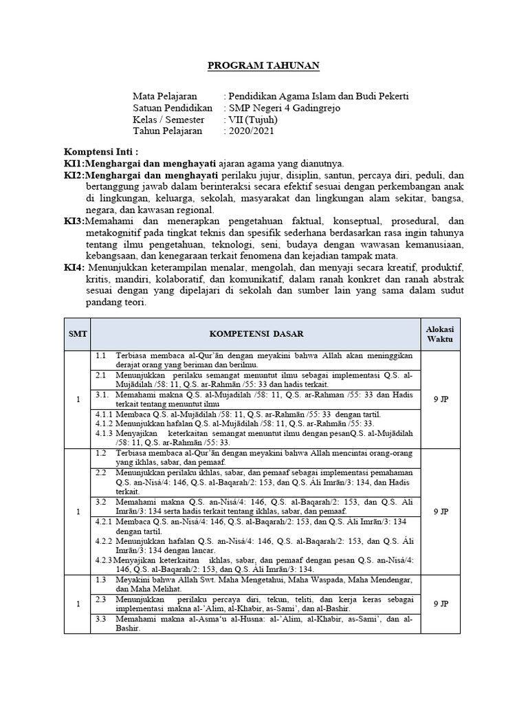 Program Tahunan PAI SMP 2020/2021 | PDF