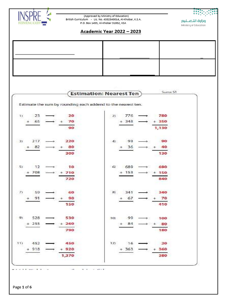 Estimate To Find The Sums and Differences - Answerkey | PDF