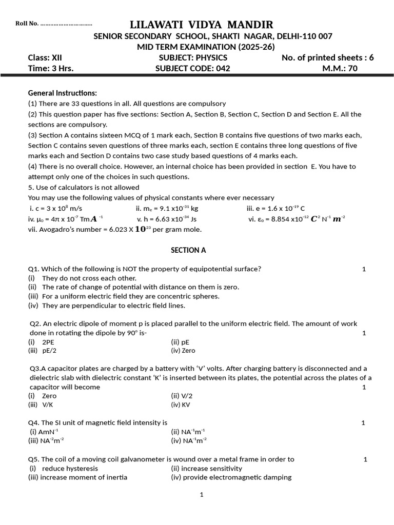 Class 12 Physics Mid Term Paper 2025-26 | PDF | Inductor | Magnetic Field
