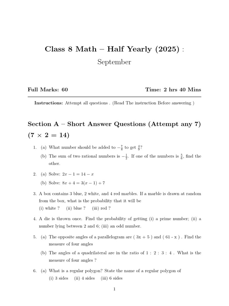 Class 8 Math Half Yearly Exam Guide | PDF | Rectangle | Euclidean Plane ...