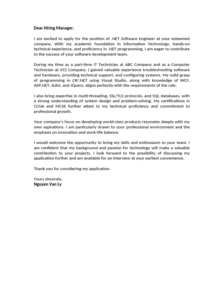 .NET Software Engineer Application Letter | PDF