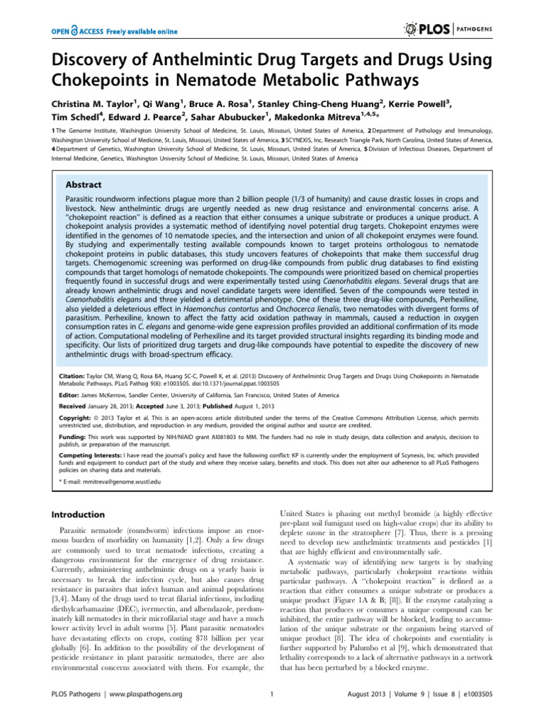 2013 Discovery of Anthelmintic Drug Targets and Drugs Using Chokepoints ...