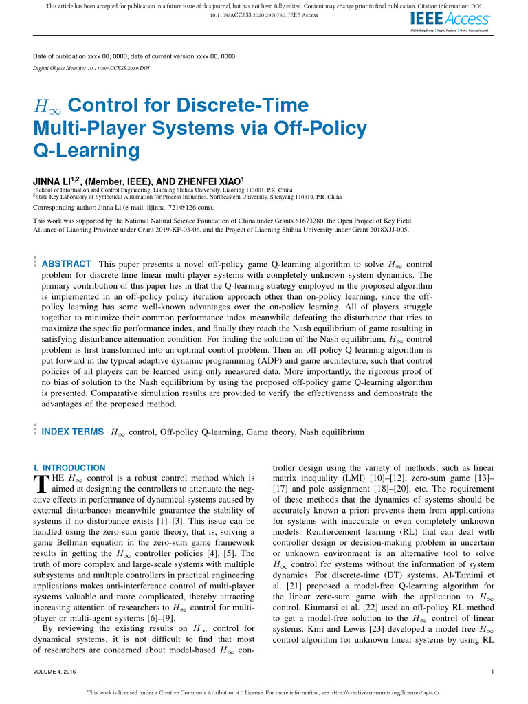 H Control For Discrete-Time Multi-Player Systems V | PDF | Matrix ...