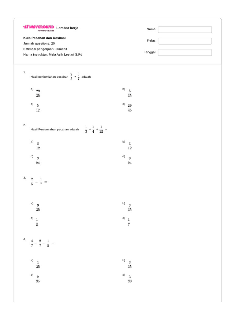 Kuis Pecahan dan Desimal untuk Kelas 5 | PDF