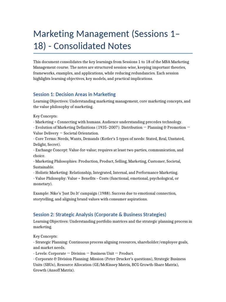 MBA Marketing Management Notes Summary | PDF | Marketing | Brand