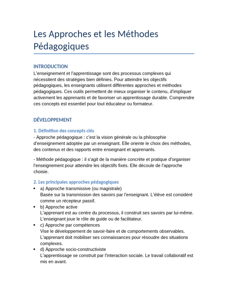 Approches et Méthodes Pédagogiques | PDF | Pédagogie | Apprentissage