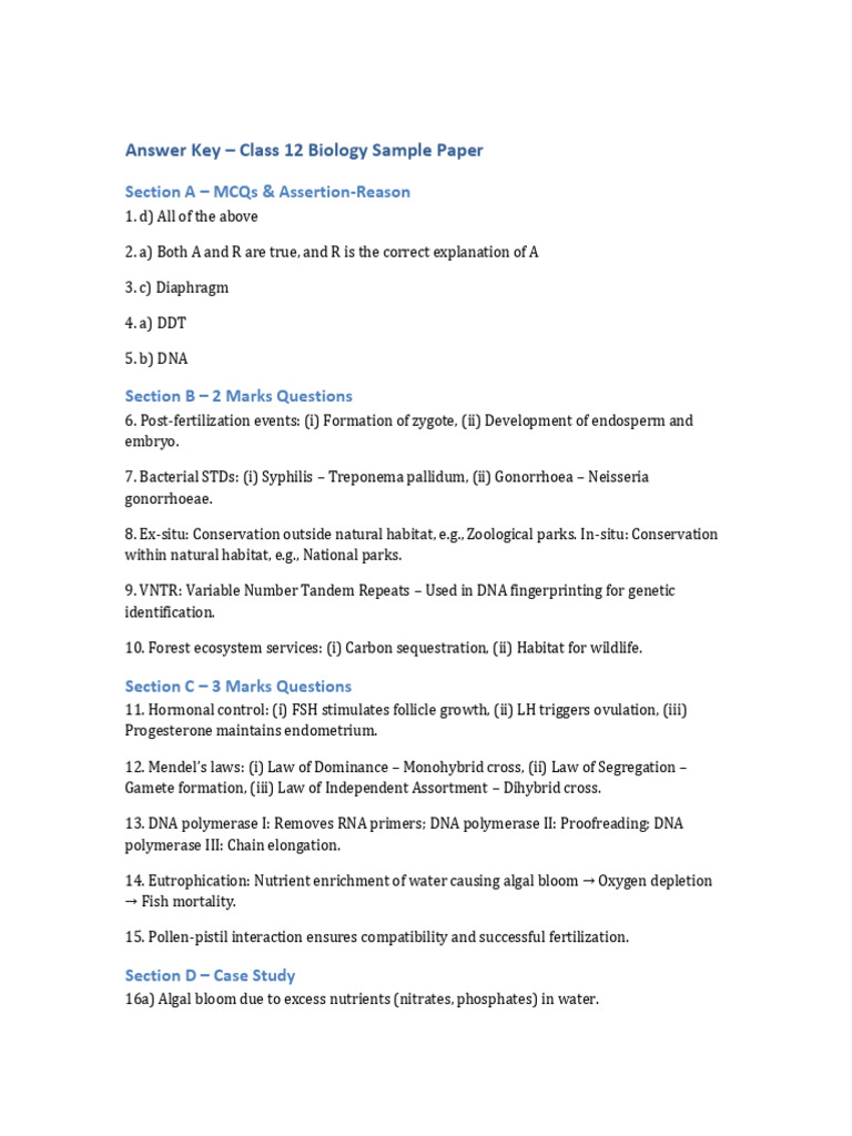 Class12 Biology AnswerKey | PDF | Dna | Fertilisation