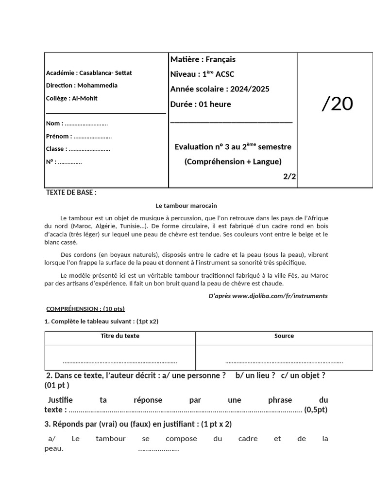 Évaluation de Français 1ère ACSC 2024/2025 | PDF | Tambour