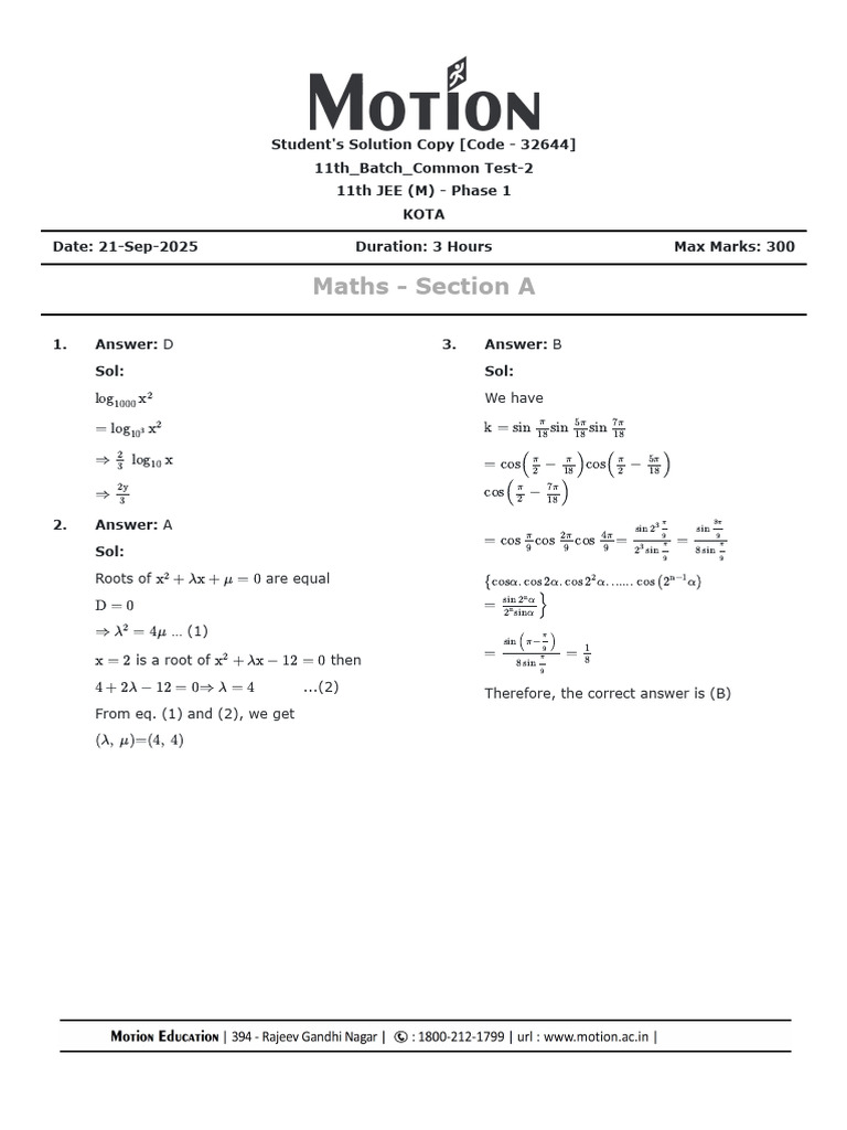 JEE Maths Test Solutions - 11th Batch | PDF | Chess Theory | Chess